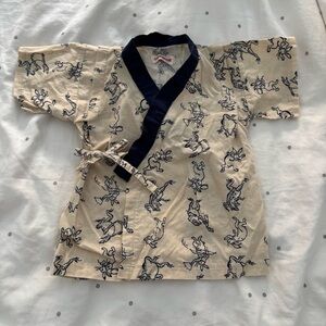 Beige and Navy Kimono-Style Top with Rabbit and Frog Print